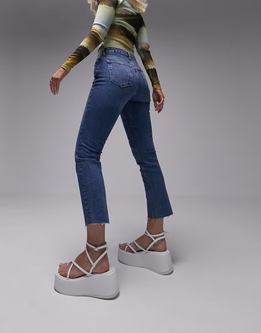 Topshop Hourglass mid rise straight cropped jean with raw hems in mid blue | ASOS (Global)