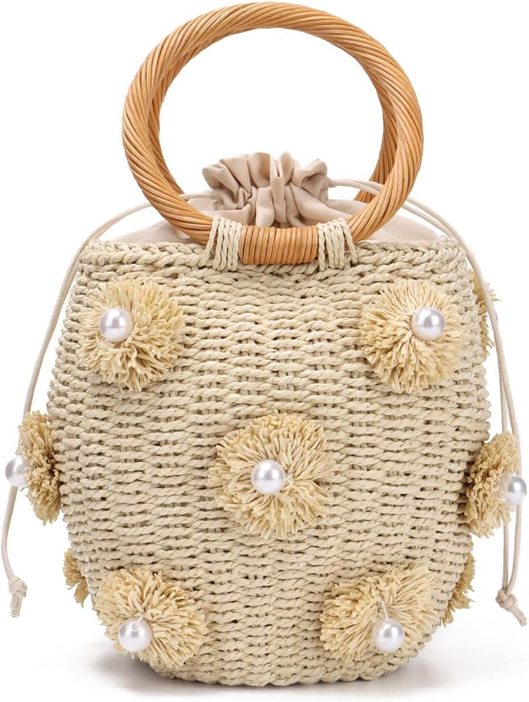 Oweisong Pearl Straw Tote Bag for Women Floral Summer Beach Handbag Summer Handmade Woven Rattan ... | Amazon (US)