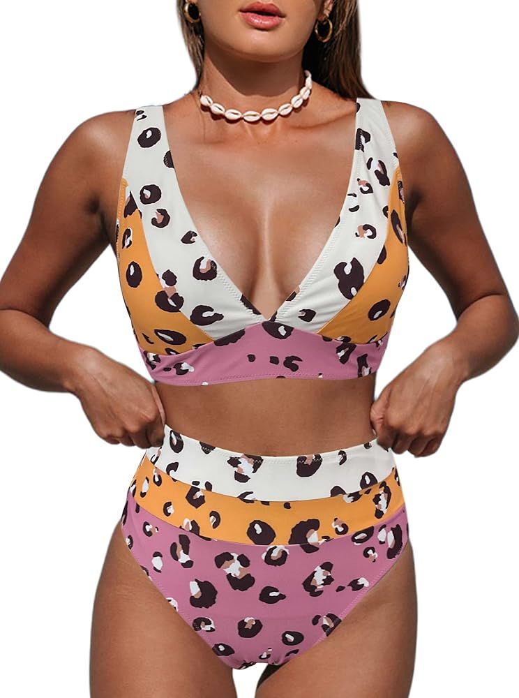 Hilinker Women's Leopard Bikini Swimsuits V Neck High Waisted 2 Piece Bathing Suits | Amazon (US)