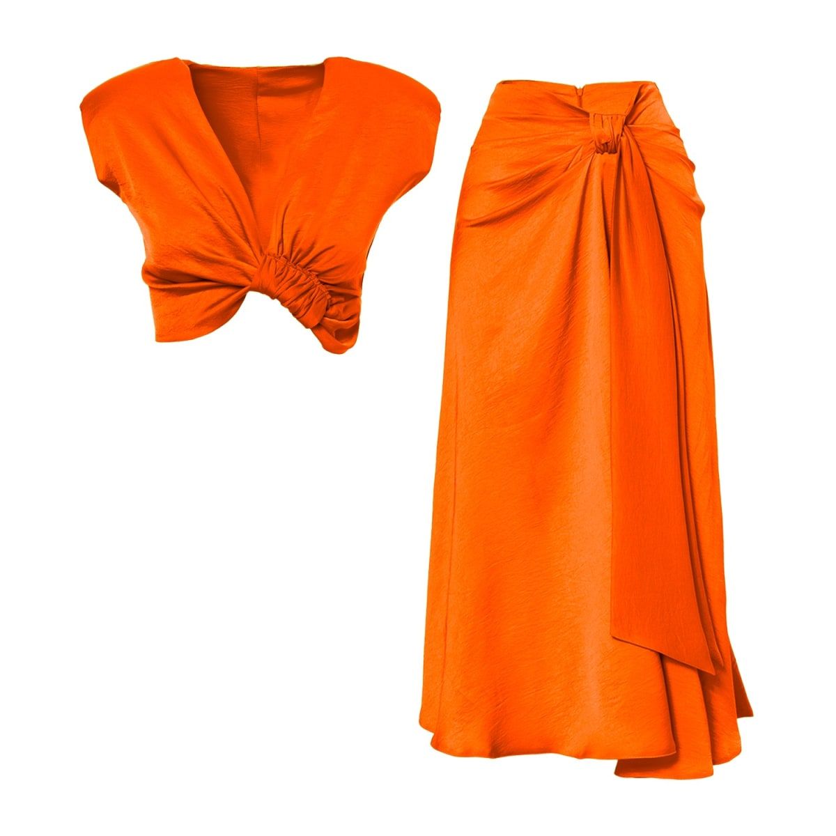 Orange Set With Knotted Top And Midi Skirt | Wolf & Badger (US)