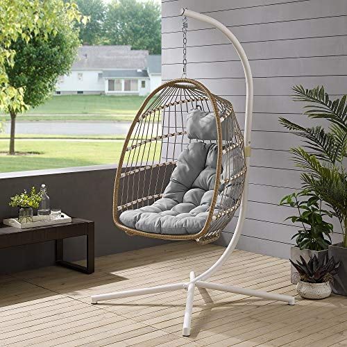 Walker Edison Carmel Modern Rattan Hanging Egg Swing Chair with Stand, 78 Inch, Brown and Grey | Walmart (US)