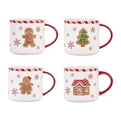 Bico Traditional Gingerbread Man Ceramic Mug Set of 4, Christmas Coffee Mugs, 19oz Holiday Cups for Tea, Cocoa, or Hot Drinks, Microwave & Dishwasher Safe | Amazon (US)