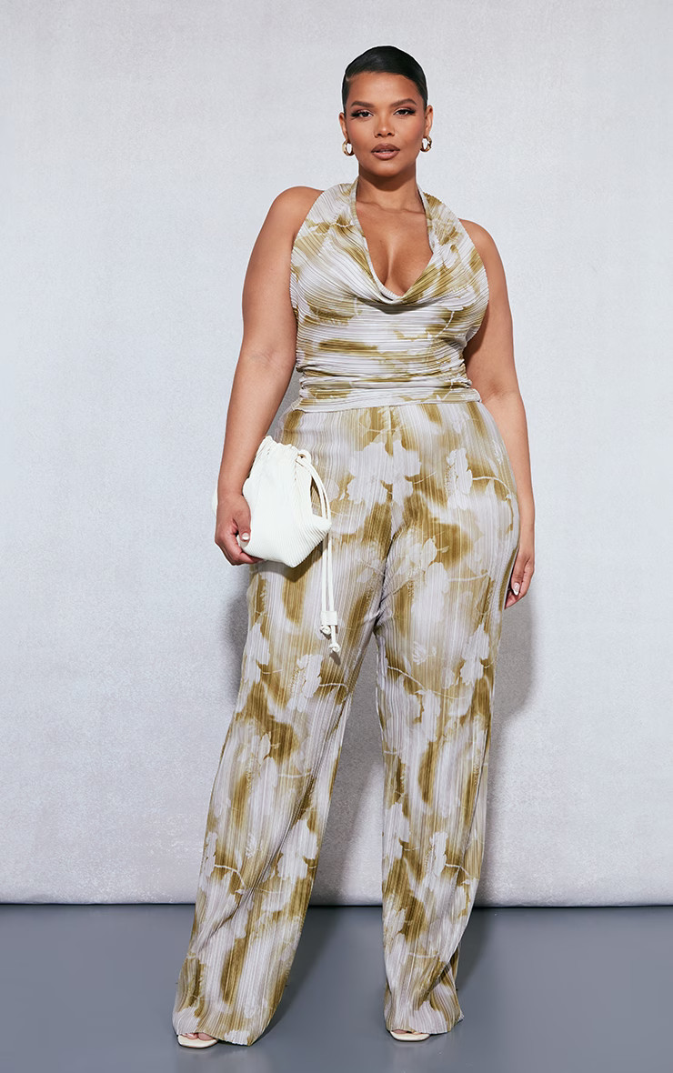 Plus Brown Ombre Floral Plisse Straight Leg Pants | PrettyLittleThing US