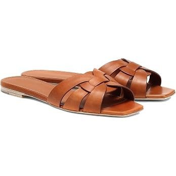 Women's Flat Sandals Square Toe Patent Leather Comfortable Slip on Slippers Casual Summer Dressy ... | Amazon (US)