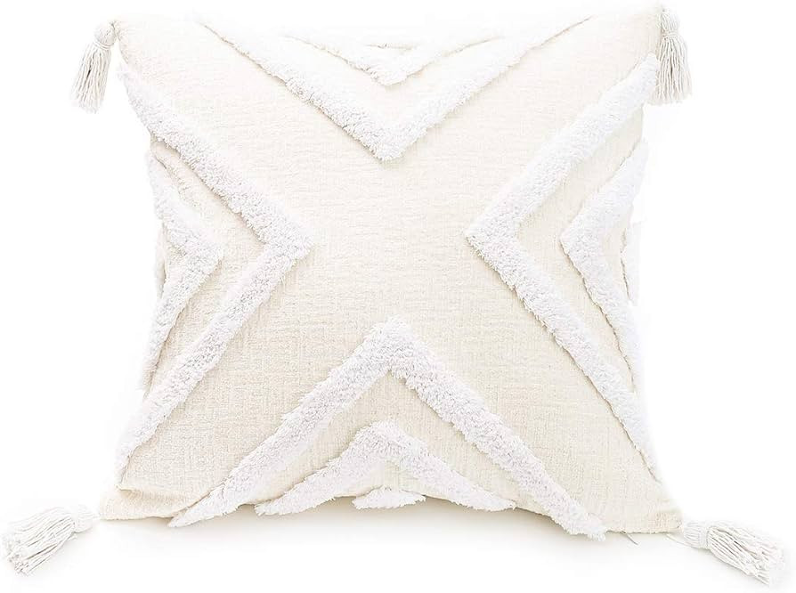 PLWORLD Boho White Throw Pillow Cover 18x18 Inch with Tassels, Geometric Tufted Decorative Cream ... | Amazon (US)