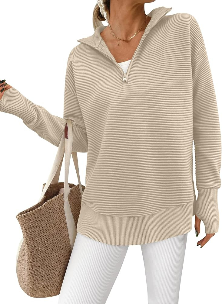 PRETTYGARDEN Womens Long Sleeve Quarter Zip Pullover Sweater Casual Loose V Neck Collared Ribbed ... | Amazon (US)