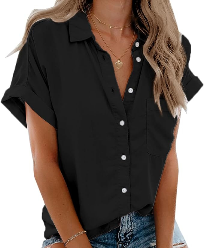 Beautife Womens Short Sleeve Shirts V Neck Collared Button Down Shirt Tops with Pockets | Amazon (US)
