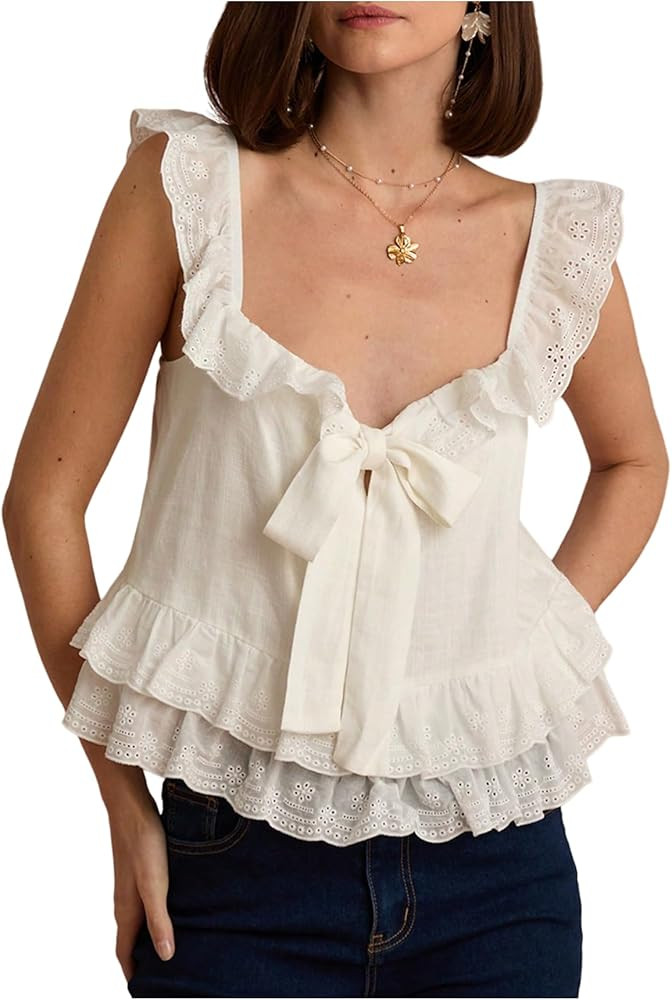 SHENHE Women's Summer Linen Tank Eyelet Ruffle Sleeveless Tie Bow Sweetheart Neck Dressy Tank Top | Amazon (US)