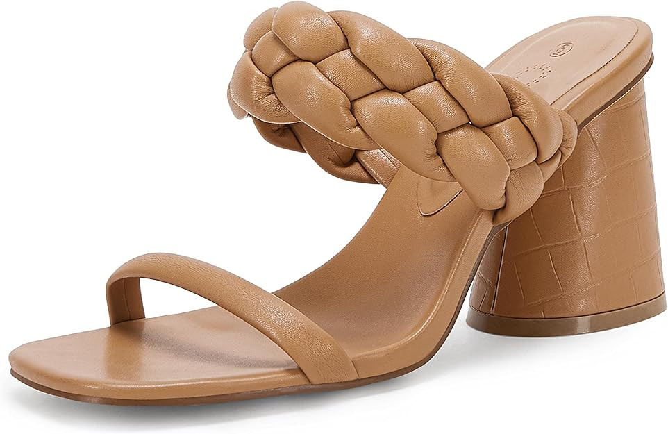 Womens Square Open Toe Braided Sandals Chunky Block Heel Strappy Heeled Sandals Backless Slip on ... | Amazon (US)