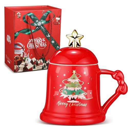 Sliner Christmas Mug Ceramic Merry Christmas Tree Mug with Star Spoon and Lid Festive Xmas Gift Cup for Hot Chocolate Coffee Eggnog, Microwave and Dishwasher Safe(Red) | Amazon (US)