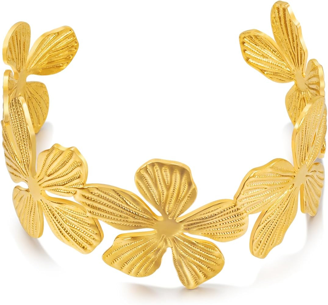 WOWORAMA Chunky Gold Cuff Bracelets for Women Vintage Gold Flower Butterfly Bracelet Trendy Boho ... | Amazon (US)