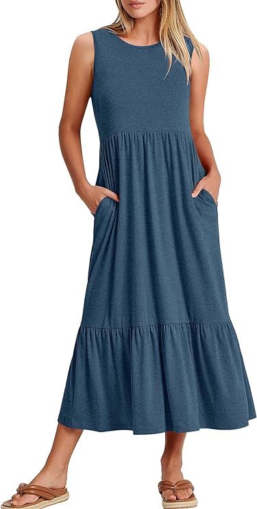 ANRABESS Women Summer Casual Sleeveless Crewneck Sundress Aline Flowy Tiered Maxi Long Beach Dres... | Amazon (US)