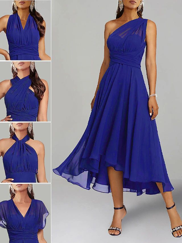 A-Line Blue Wedding Guest Dresses Convertible Infinity Mother Dress Formal Tea Length Sleeveless ... | Lightinthebox