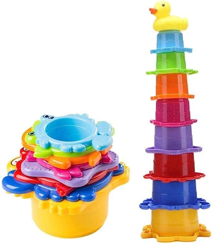 Stacking Cup Bath Toys for Baby, Toddlers, and Kids, Stack-Up Cups in Rainbow Colors with Under T... | Amazon (US)