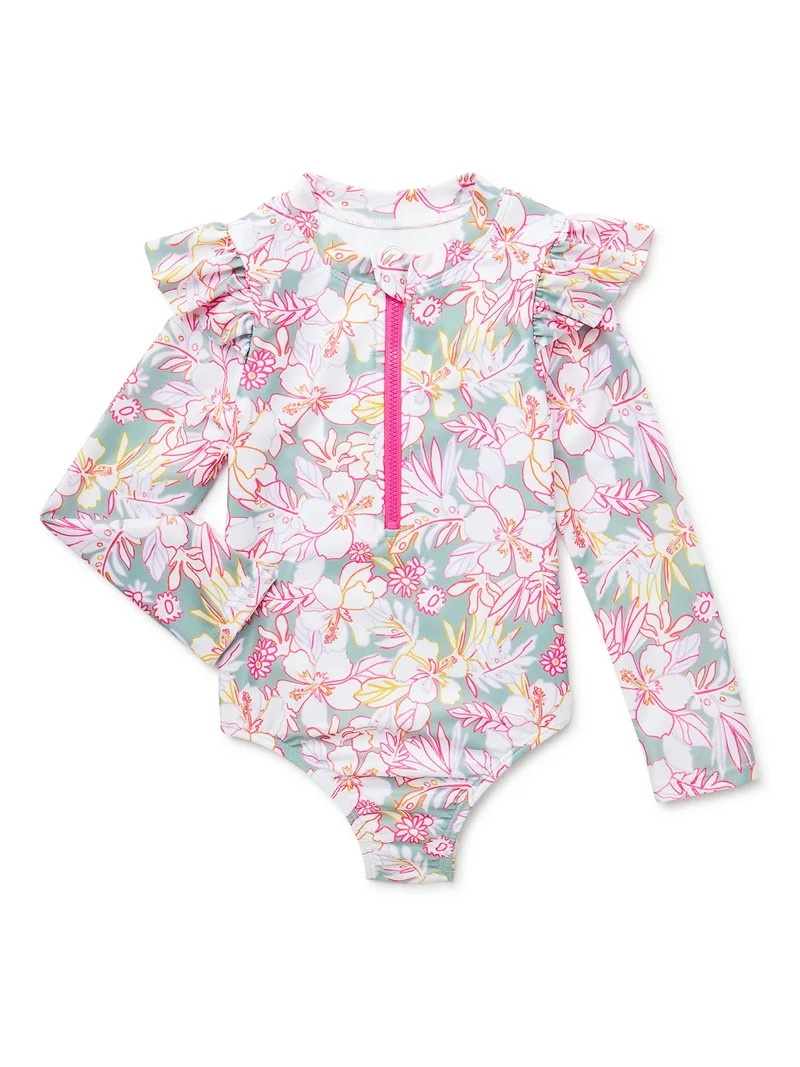 Wonder Nation Toddler Girl Zip Long Sleeve Rash Guard Swimsuit, Size 12M-5T - Walmart.com | Walmart (US)