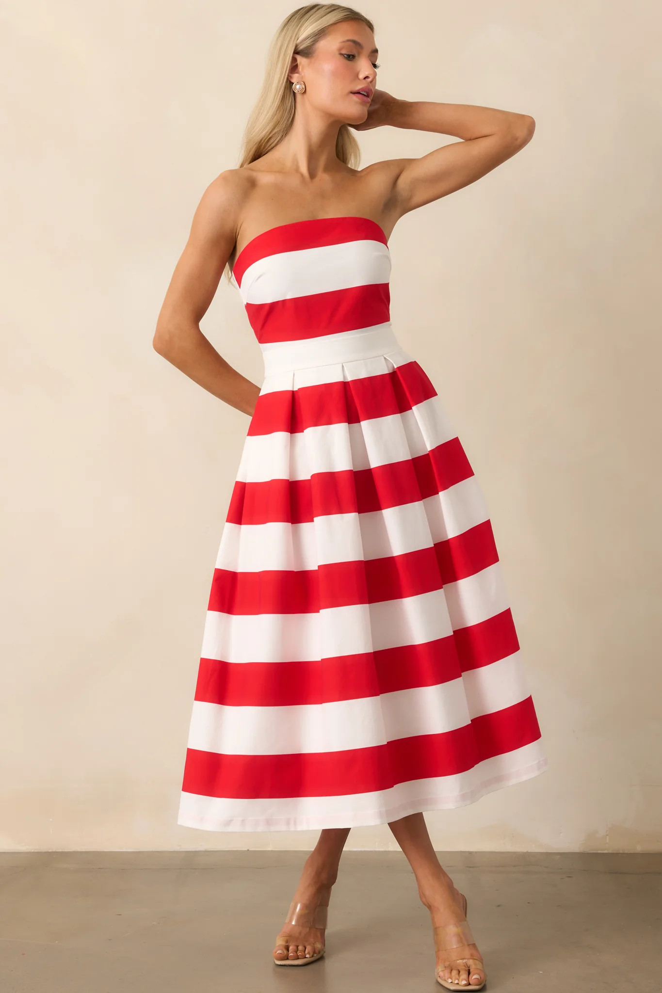 Crisp Contrast Red Stripe Strapless Midi Dress | Red Dress