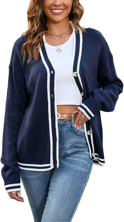 Contrast Varsity Striped Button Up Cardigan Sweater Long Sleeve for Women | Amazon (US)