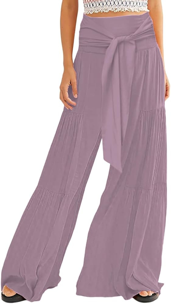 Lrady Women Wide Leg Palazzo Lounge Pants Printed Beach Summer Boho Tie-Waist Bell Bottoms Trouse... | Amazon (US)
