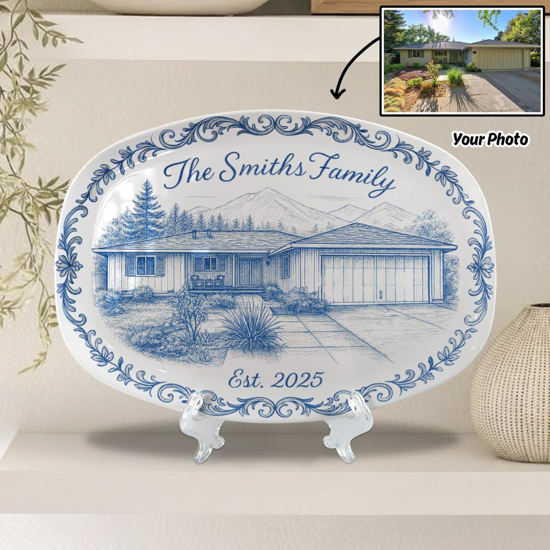 Custom House Portrait Platter, Blue Toile Style Family Plate, Personalized Home Illustration Gift... | Etsy (US)