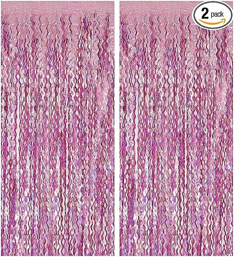 Pink Streamers Fringe Backdrop Tinsel Foil Fringe Curtains Wavy Backdrop for Parties Sparkle Meta... | Amazon (US)