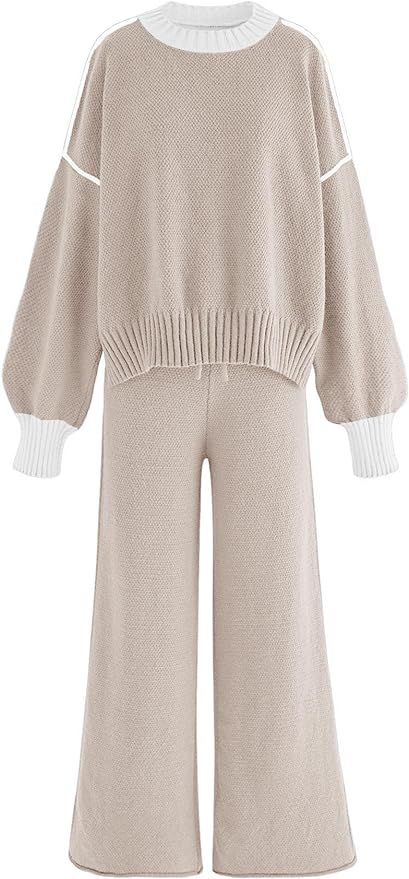 Disamer Women Knitted Outfits High Neck Sweater Wide Leg Pant Set 2 Pieces Long Sleeve Pullover S... | Amazon (US)