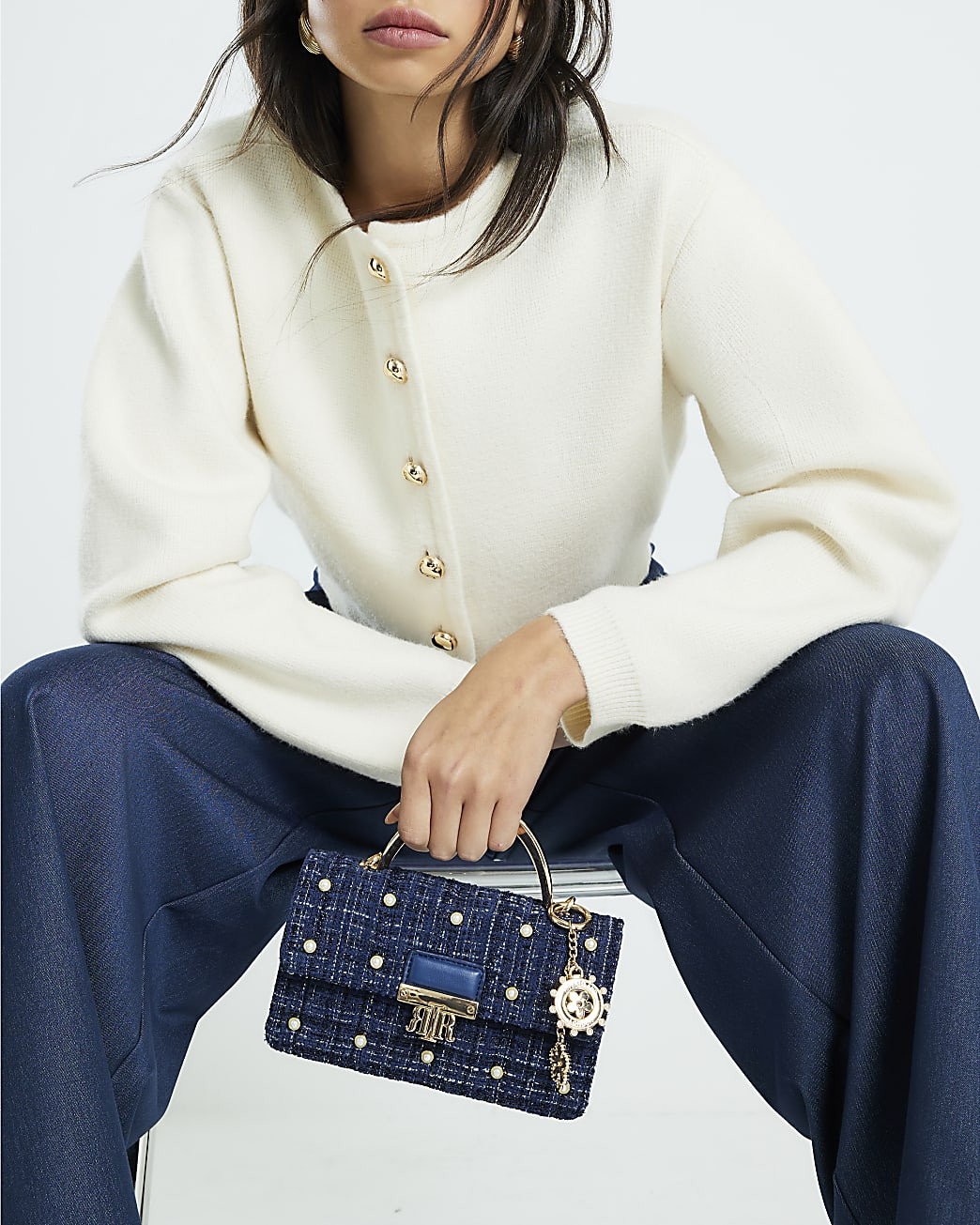 Blue Boucle Metal Handle Quilted Tote Bag | River Island UK & IE