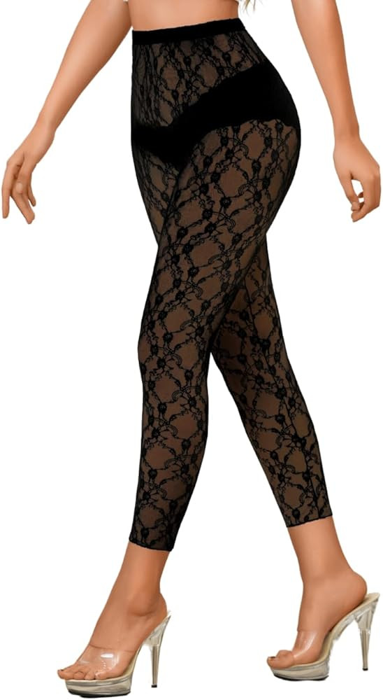 ShawGobow Floral Lace Leggings,High Waisted Footless Tights for Women,Sheer Mesh Pants Bridal Dat... | Amazon (US)