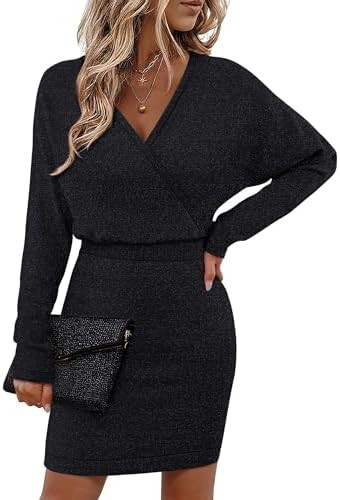 Bebonnie Womens Sexy V Neck Batwing Sleeve Sparkly Cocktail Party Sweater Dresses Holiday Bodycon... | Amazon (US)