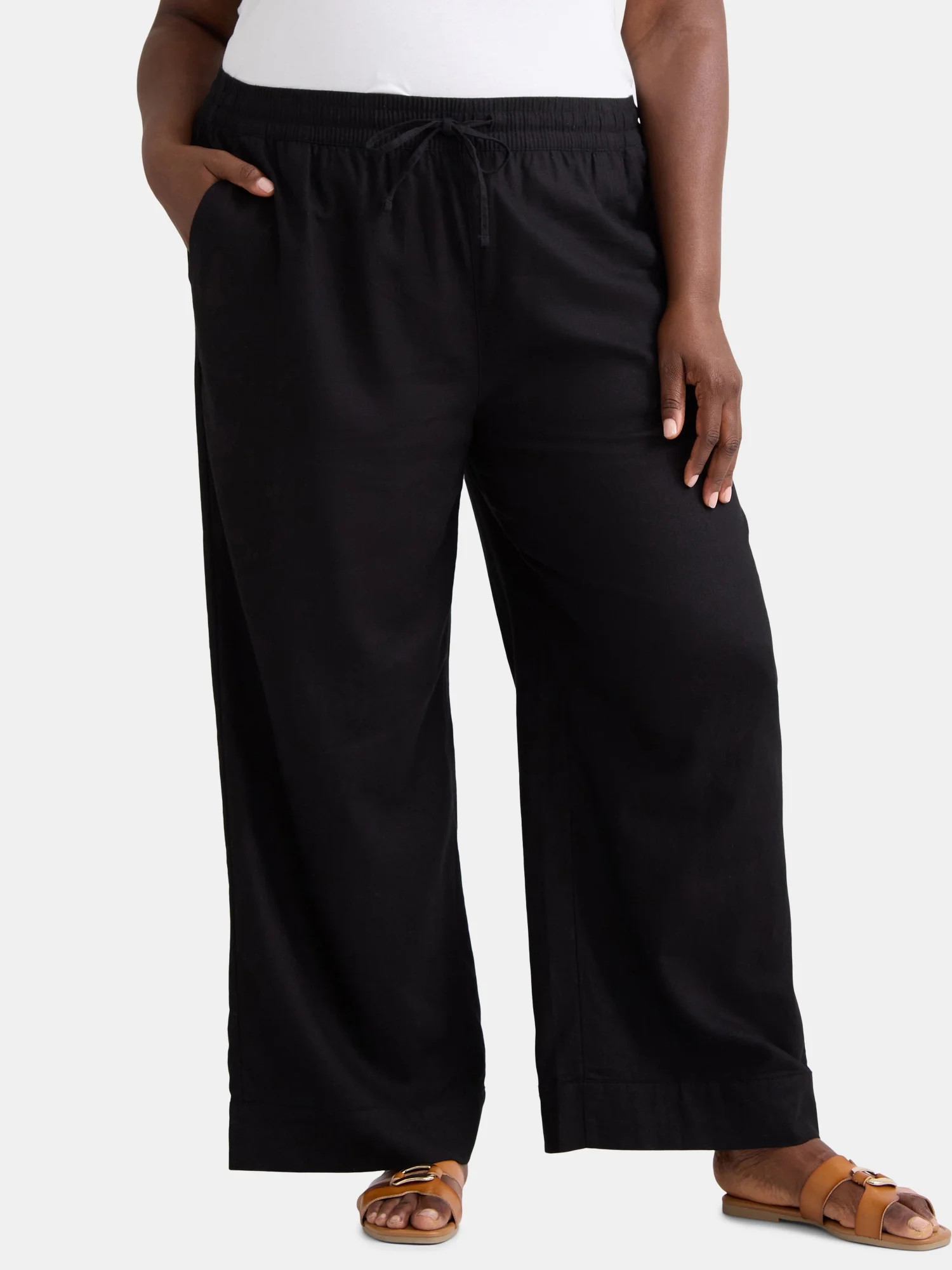 Time and Tru Women's and Women's Plus Wide Leg Linen Blend Pants, 29" Inseam, Sizes XS-4X | Walmart (US)