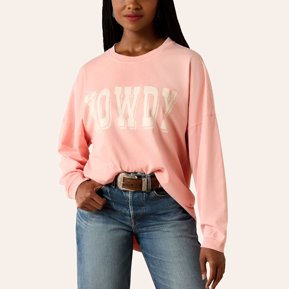Ariat Women's Canvas Peach Oversized Howdy Graphic Long Sleeve T-Shirt | Cavender's