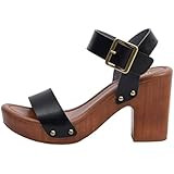 Stage - Womens Wedge Heel Sandals Platform Ankle Buckle Studded Open Toe Faux Wood Sandals | Amazon (US)