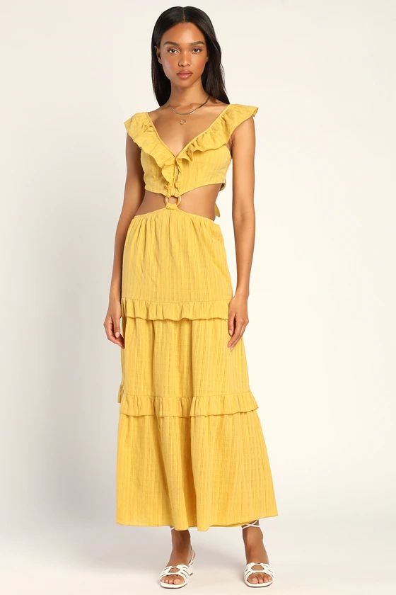 Sun Beamer Mustard Yellow Tie-Back Ruffled Cutout Maxi Dress | Lulus (US)