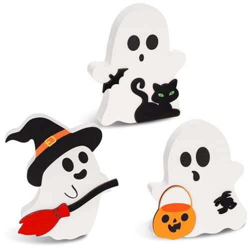 3 PCS Halloween Decor Cute White Ghost Table Decor, Cute Halloween Decorations Indoor, Wooden Tiered Tray Decor Table Sign for Halloween Party Home Kitchen Shelf Party Supplies | Amazon (US)