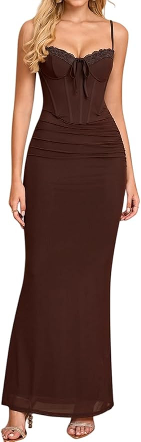 Women's Formal Elegant Vintage Lace Corset Floral Maxi Long Dress Bodycon Ruched Tie Wedding Gues... | Amazon (US)