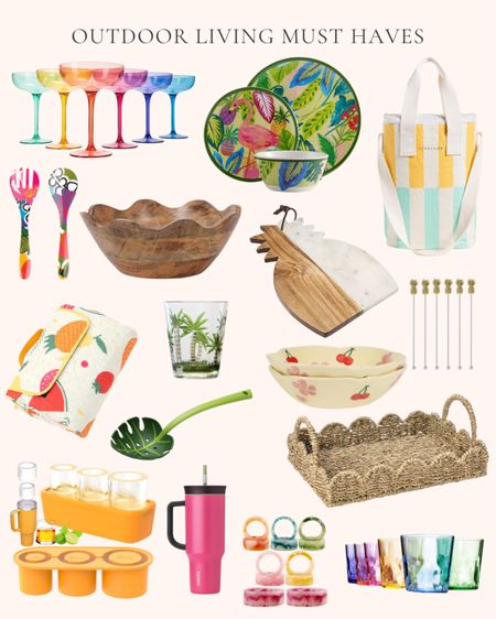 Outdoor living must haves. Outdoor dining favorites. Summer living. Summer picnic. Pineapple shaped cutting board. Acrylic palm tree drinking glasses. Set of two salad bowls. Pineapple shaped stir sticks. Cocktail swizzle sticks. Multi colored set of napkin rings. Sunnylife multi drinks cooler tote bag. Wooden scalloped salad bowl. Fruit patterned folding picnic blanket. Monstera shaped ladle. Scallop edged seagrass serving tray. Owala stainless steel triple layer insulated tumbler. Ice cube tray for travel tumblers. Rainbow colored unbreakable drinking glasses. Salad server spoons. Flamingo melamine outdoor dinnerware. Rainbow colored acrylic shatterproof cocktail glass  

#LTKHome #LTKFindsUnder50 #LTKSummerSales