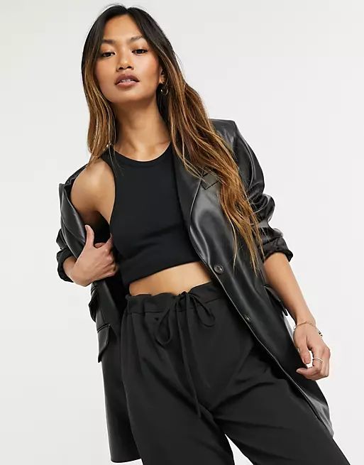 ASOS DESIGN leather look strong shoulder nipped waist longline blazer in black | ASOS (Global)