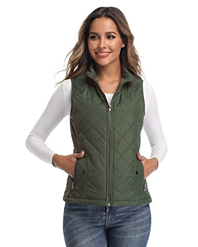 LONGKING Army Green Women's Vest, Stand Collar Lightweight Zip Quilted Vest for Women M | Amazon (US)