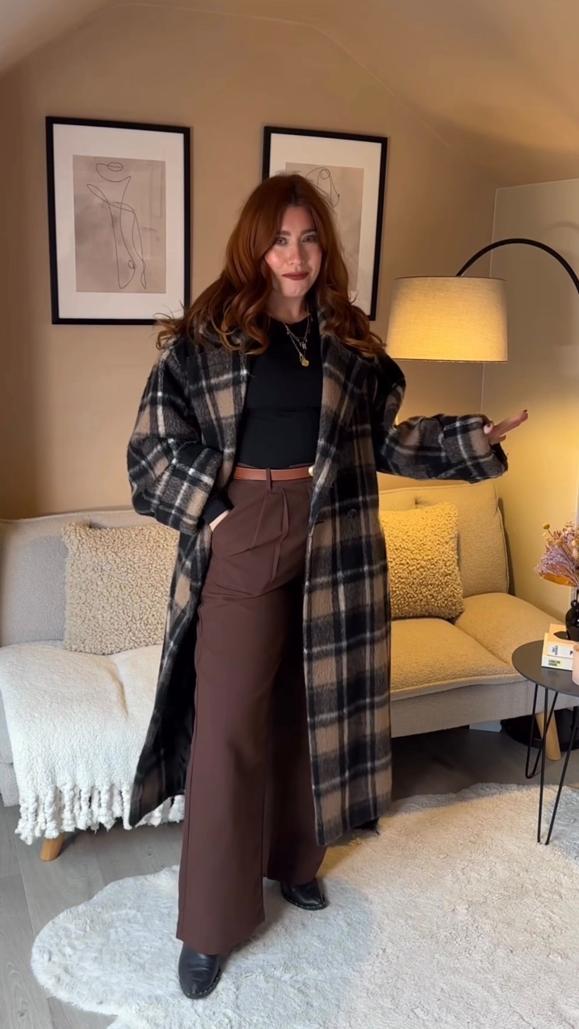 Brown and black workwear 👌🏼
Tailored trousers are a size 30L
Top is a small 
Cost is a 12/14