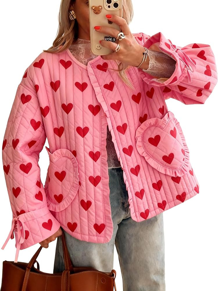 Tankaneo Womens Cropped Puffer Jacket Floral Print Open Front Quilted Jacket Bow Tie Heart Coat L... | Amazon (US)