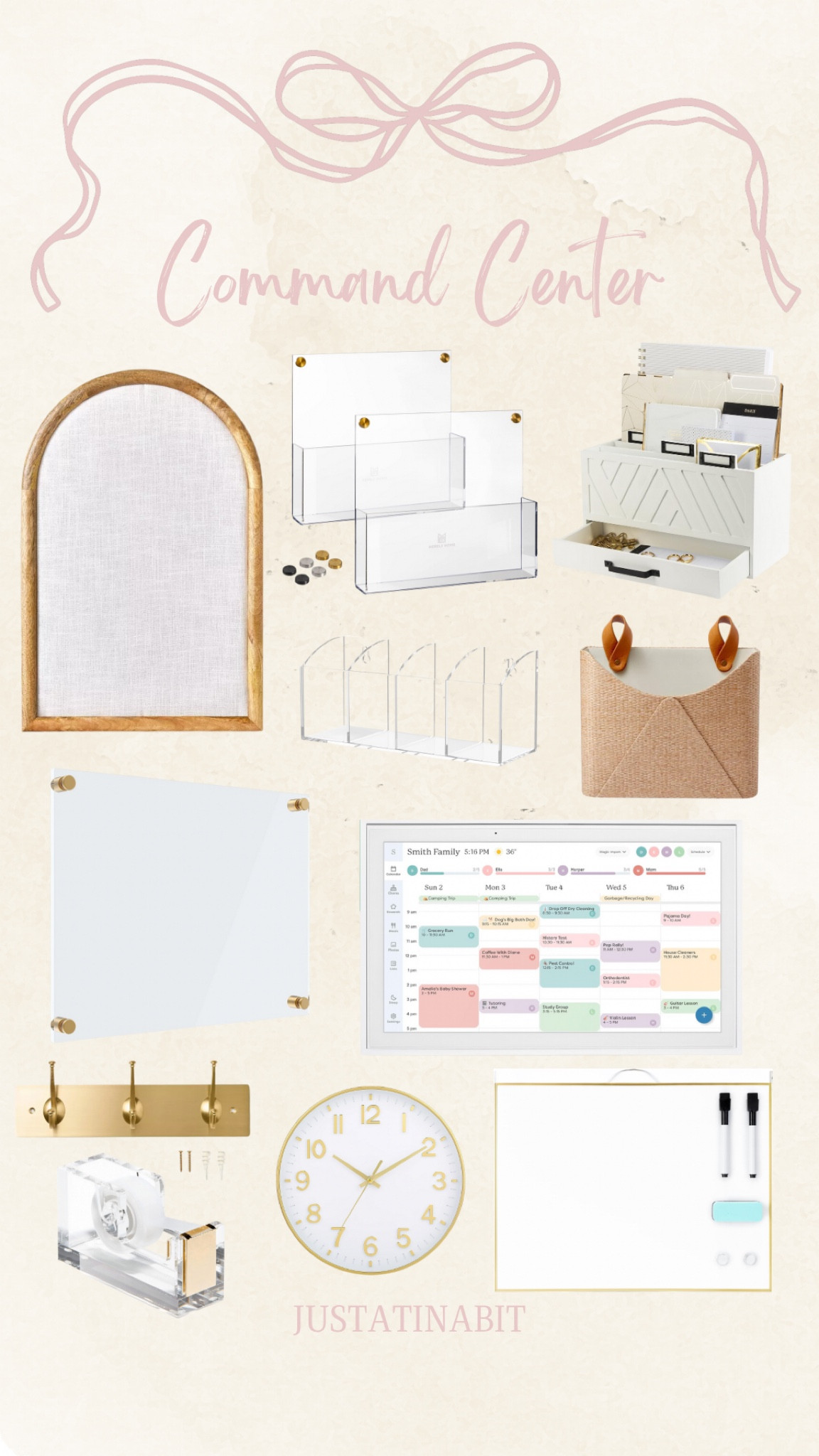 Command Center! 

Wall hooks rail gold, woven wall pocket, wood framed fabric bulletin board, tape dispenser, wall file organizer, skylight calendar, mail organizer, white and gold wall clocks, pen holder organizer, small dry erase white board, wall hanging white board

#LTKHome #LTKMostLoved