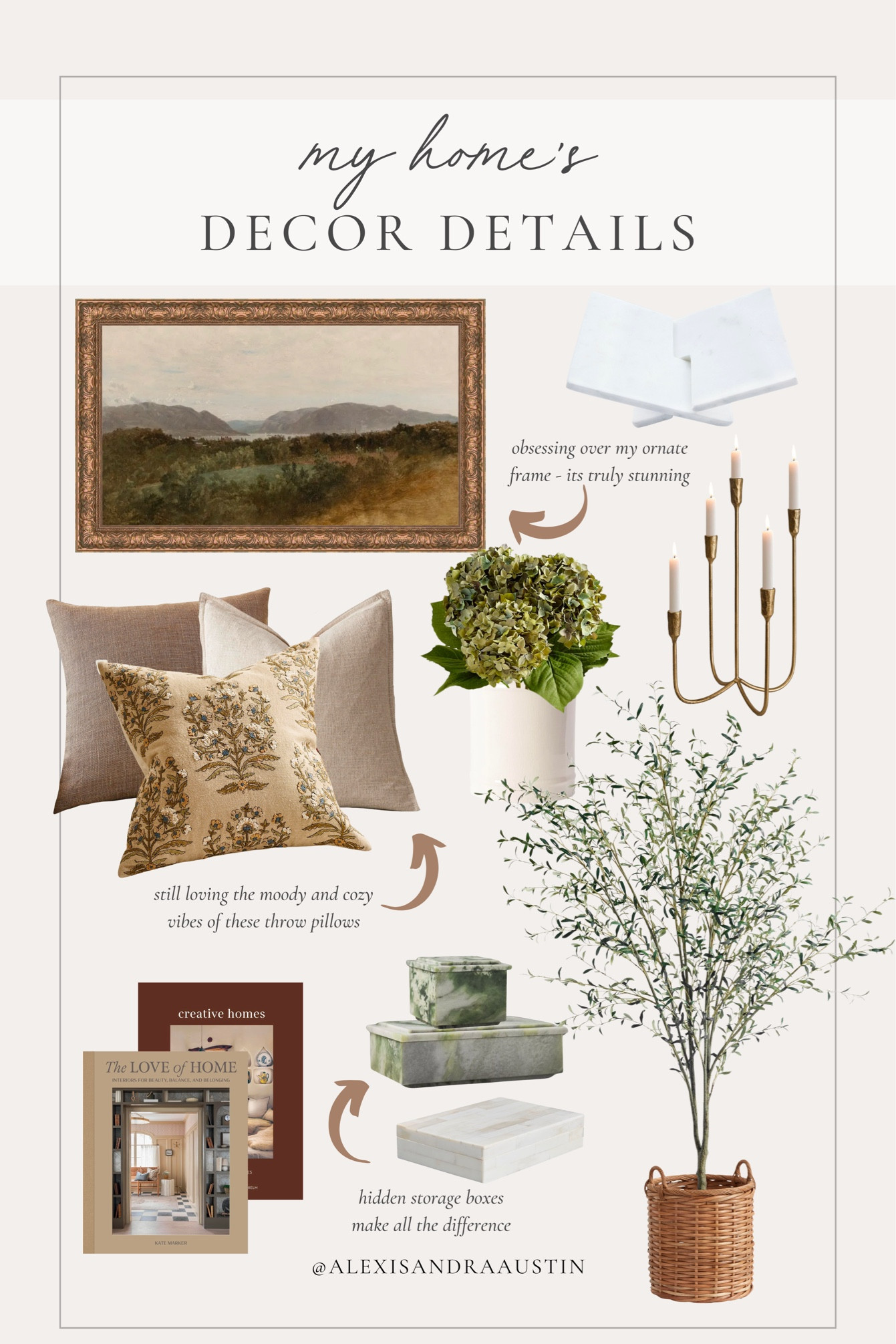 Decor details in my living room! Neutral decor mixed with a touch of vintage style for a timeless look

Home finds, neutral home inspo, tv frame art, vintage style, marble book stand, moody throw pillow, faux florals, vase faves, candelabra, gold detail, decor book, coffee table book, faux olive tree, decor box, basket faves, digital art, Pottery Barn style, found it on Amazon, shop the look!

#LTKHome #LTKStyleTip #LTKSeasonal