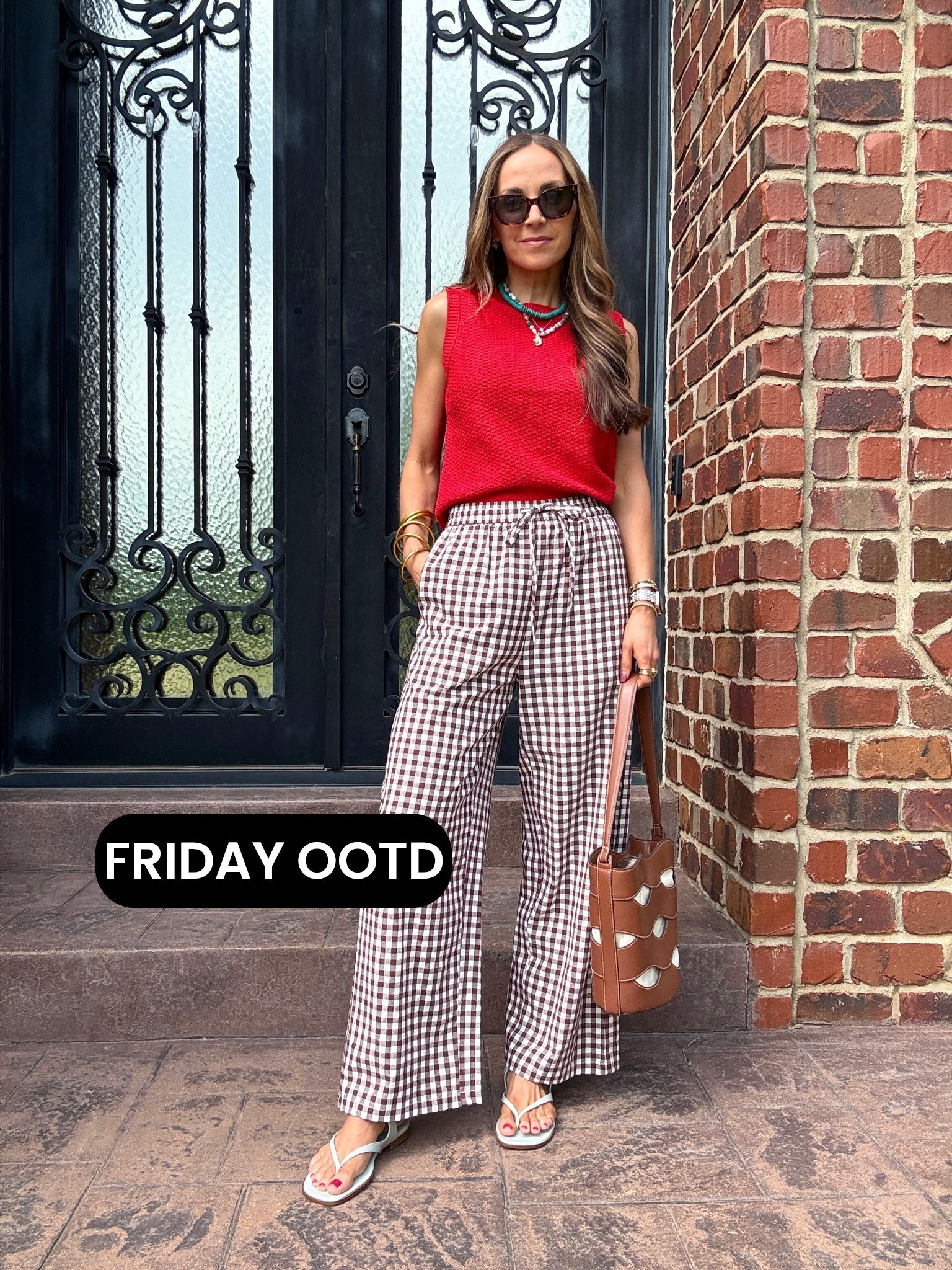 Friday OOTD with Amazon gingham pants, target sweater, and Margaux sandals.
