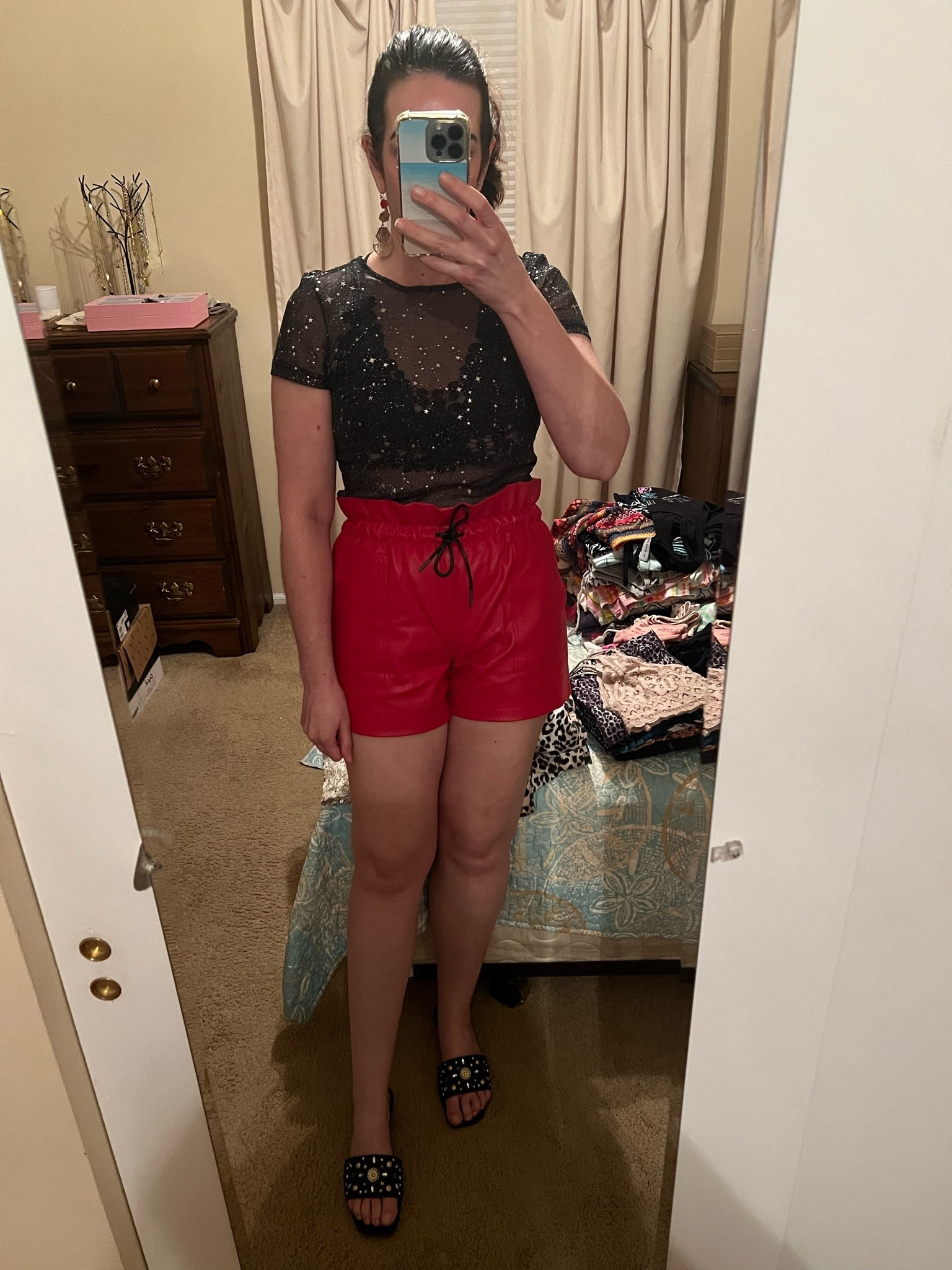 Black mesh short sleeve star top (s). Red leather shorts (s). Black studded slides (8.5). #top
#startop #meshtop #blacktop #blackmeshtop #shorts #redshorts #redleathershorts #blackslides #blackstuddedsandals #summeroutfits #concertoutfit
concert outfit ideas
summer outfits over 40

#LTKootd #LTKSeasonal