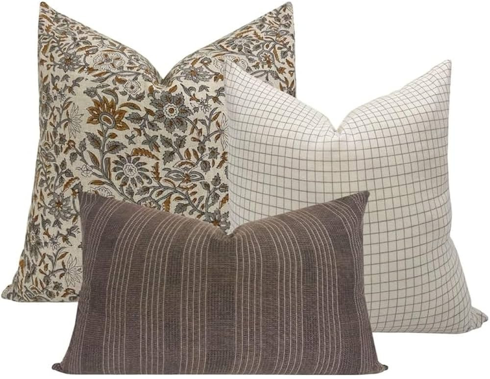 Set of Three Pillow Covers, Floral Blockprint Linen, Brown Striped | Amazon (US)
