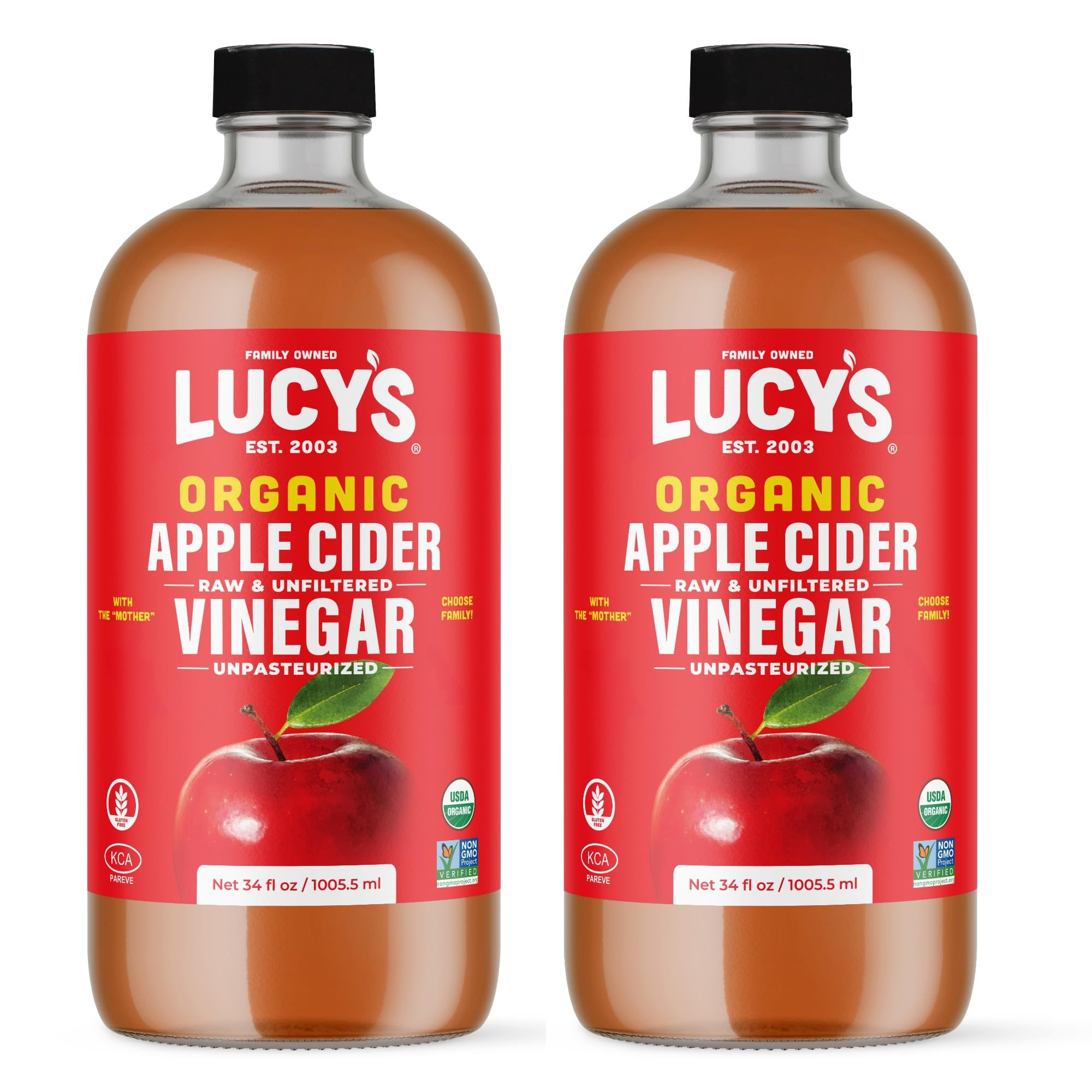 Lucy's Family Owned - 34oz. GLASS BOTTLE (2 PACK) Organic, With the Mother, Apple Cider Vinegar, ... | Amazon (US)