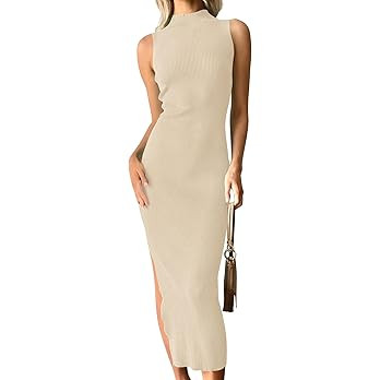 ZESICA Women's 2024 Summer Knitted Sweater Dress Sleeveless Mock Neck Ribbed Side Slit Bodycon Ta... | Amazon (US)