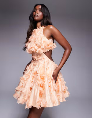 ASOS LUXE 3D floral halter mini skater dress in apricot | ASOS | ASOS (Global)