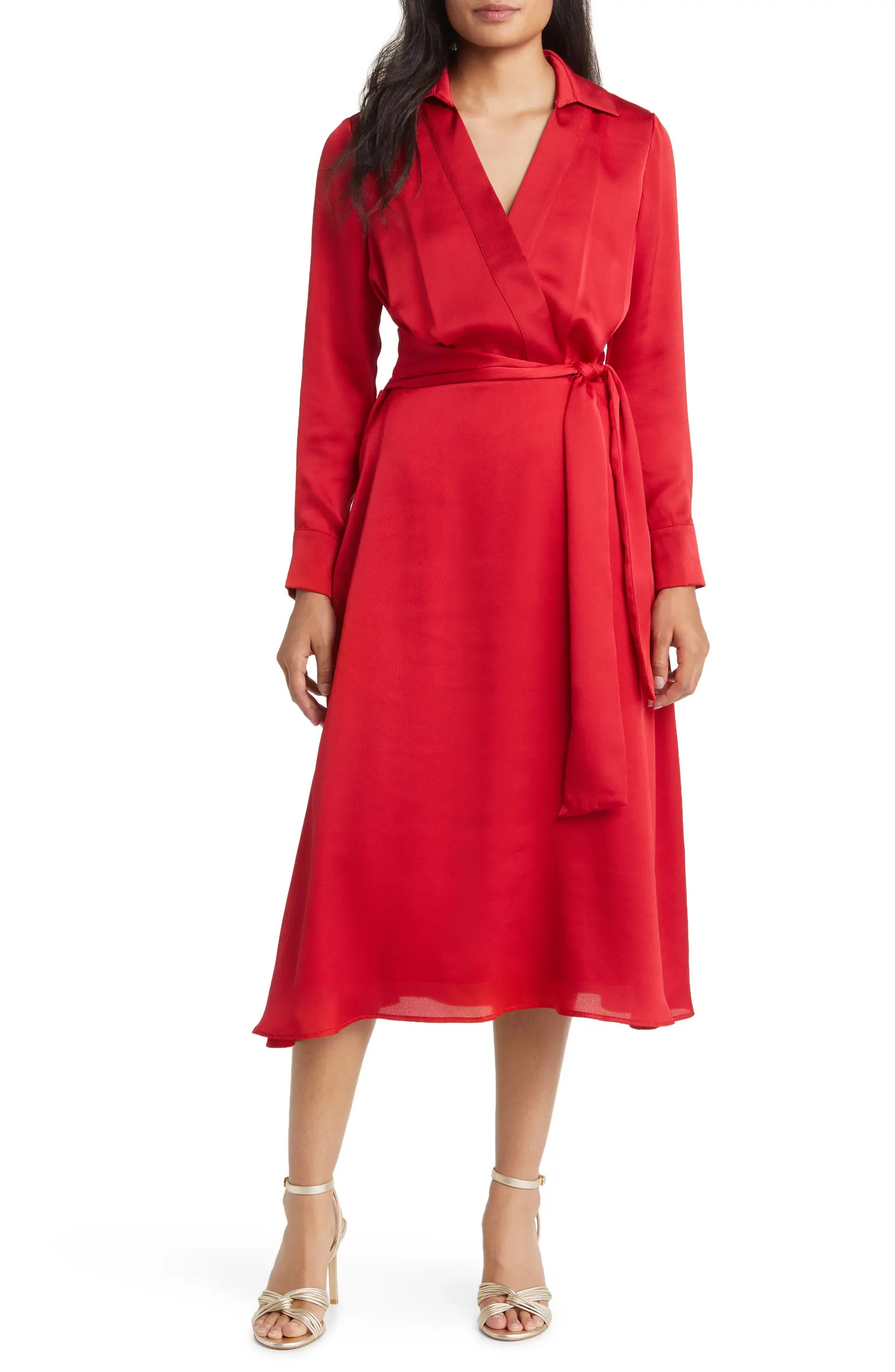 Long Sleeve Hammered Satin Faux Wrap Midi Shirtdress | Nordstrom