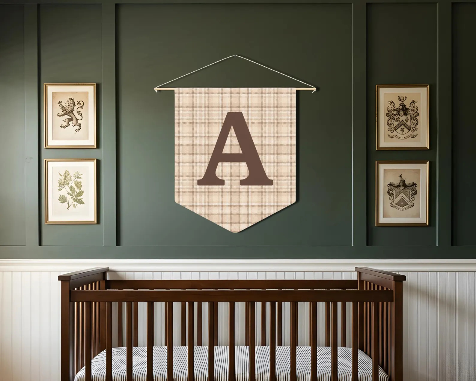 Custom Initial Pennant, Personalized Monogram Banner, Beige Plaid and Brown Letter Wall Hanging, ... | Etsy (Global)