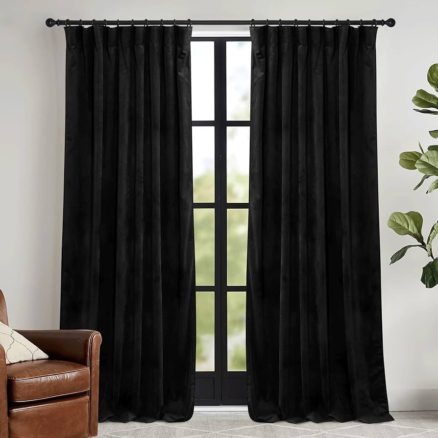 RYB HOME Black Velvet Curtains 108 inch, Blackout Window Curtains with Pleat Tape on Top for Bedr... | Amazon (US)